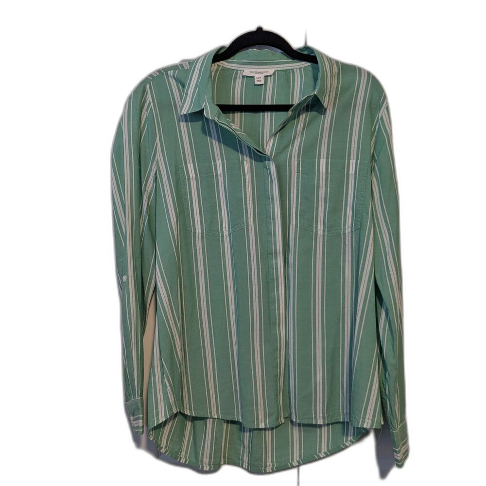 Beachlunchlounge Green White Stripe Button-Up Shirt Women’s Large Beachy